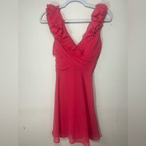 bebe, size 0 coral pink dress, ruffles, silky lining, crisscross back with slits